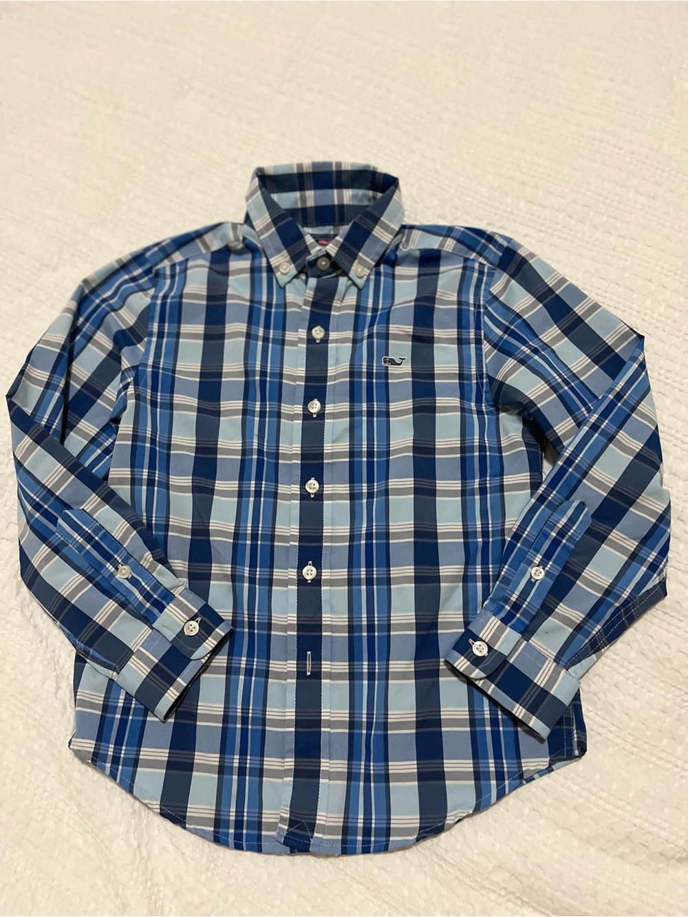 Vineyard Vines Boys Size 5 Navy and Light Blue Plaid Button-Down Shirt